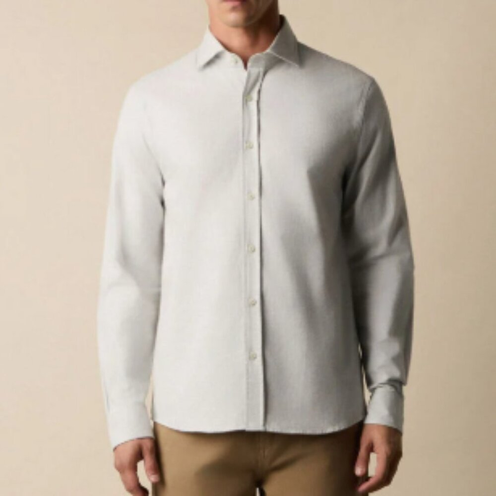 Slim Fit Melange Cotton Flannel Shirt with Spread Collar